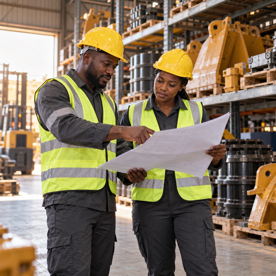 Illustrative scene of mining engineers reviewing plans in an equipment warehouse